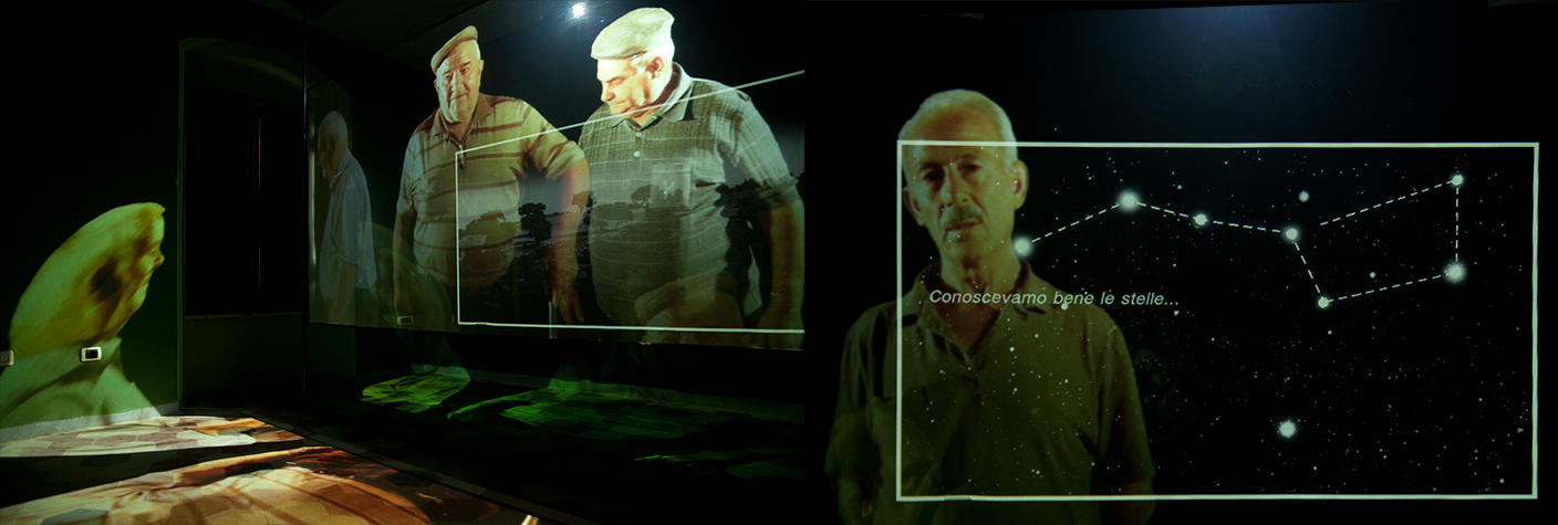 Installazione video con proiezione di uomini anziani