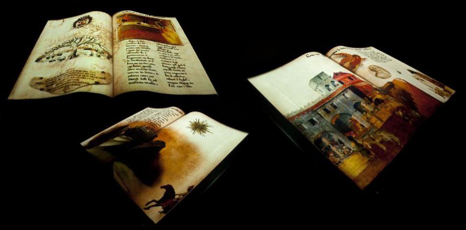 Libri aperti con immagini medievali proiettate