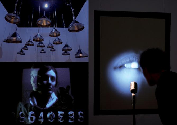 Installazioni audiovisive dedicate alla malattia mentale, con imbuti sonori, microfono, labbra e volto