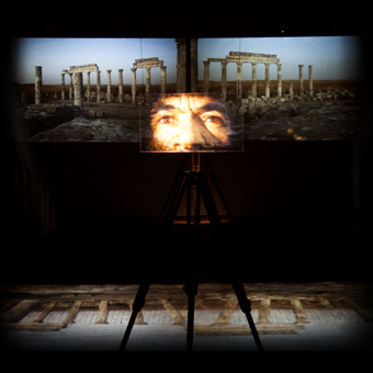 Video installation by Studio Azzurro about Mare Nostrum, with eyes and ruins